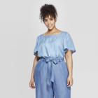 Women's Plus Size Short Sleeve Square Neck Top - Ava & Viv Chambray