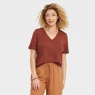 Women's Short Sleeve V-neck Drapey T-shirt - A New Day Brown