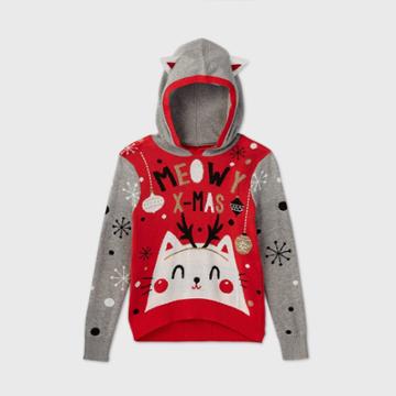 Well Worn Girls' 'meowy X-mas' Hooded Sweater - Red/gray