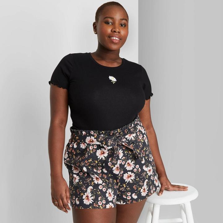 Women's Plus Size Floral Print Short Sleeve T-shirt With Embroidered Flower - Wild Fable Black 1x, Women's,
