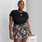 Women's Plus Size Floral Print Short Sleeve T-shirt With Embroidered Flower - Wild Fable Black 1x, Women's,