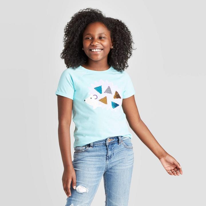 Petitegirls' Short Sleeve Hedgehog Flip Sequin T-shirt - Cat & Jack Aqua Xs, Girl's,