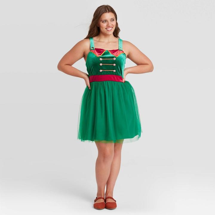Born Famous Women's Plus Size Ugly Holiday Soldier Tulle Swirl Sleeveless Graphic Dress - Green