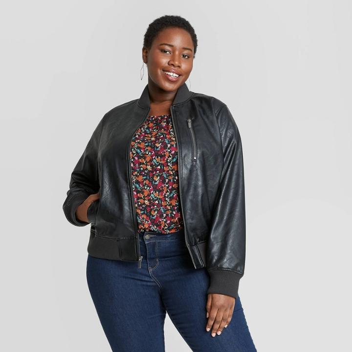 Women's Plus Size Leather Bomber Jacket - Ava & Viv Black X