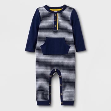 Baby Boys' Long Sleeve Mini Stripe Henley Romper With Kangaroo Pocket - Cat & Jack Navy 24m, Boy's, Blue