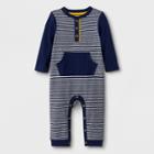 Baby Boys' Long Sleeve Mini Stripe Henley Romper With Kangaroo Pocket - Cat & Jack Navy 24m, Boy's, Blue