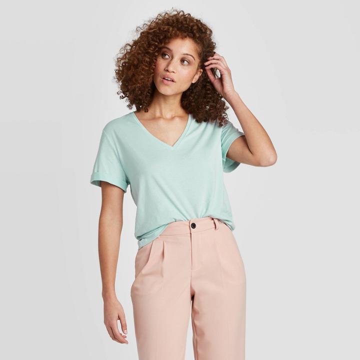 Women's Short Sleeve V-neck Cuff T-shirt - A New Day Aqua Xs, Women's, Blue