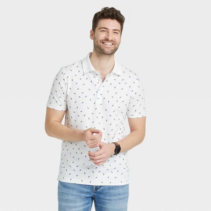 Men's Palm Print Short Sleeve Performance Polo Shirt - Goodfellow & Co True White