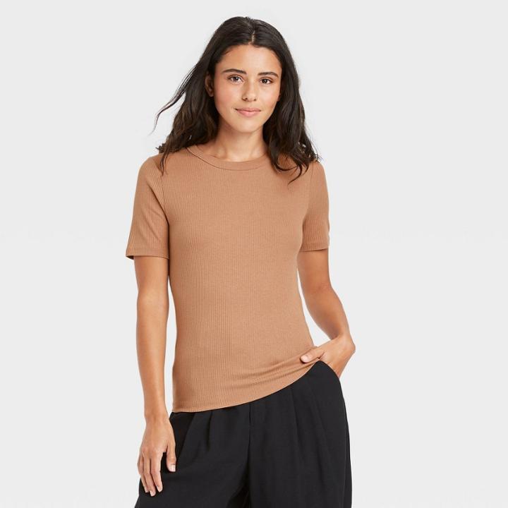 Women's Short Sleeve Rib T-shirt - A New Day Tan