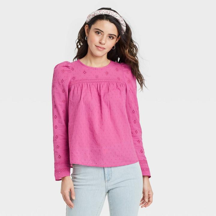 Women's Puff Long Sleeve Eyelet Top - Universal Thread Pink