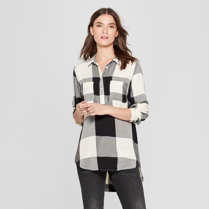 Women's Plaid Long Sleeve Tunic - Universal Thread Black