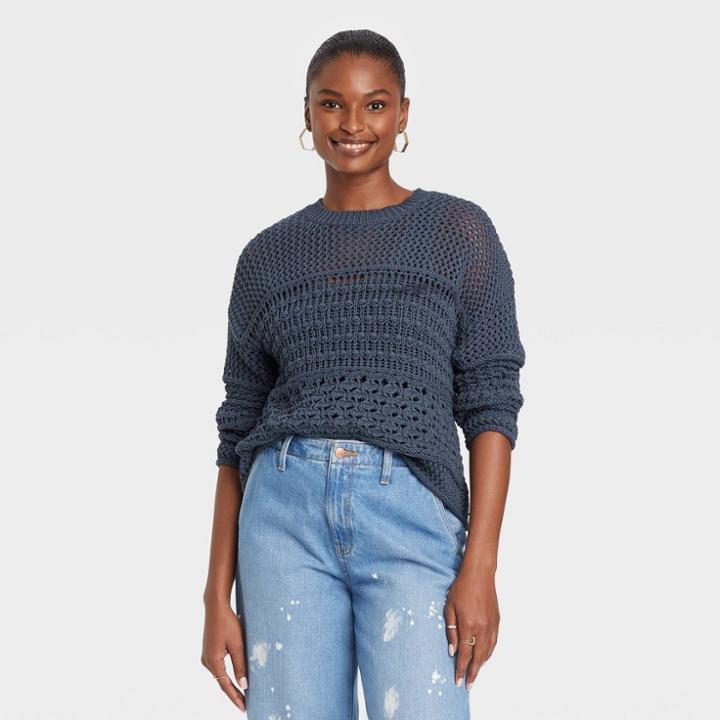 Women's Open Work Crewneck Pullover Sweater - Universal Thread Blue