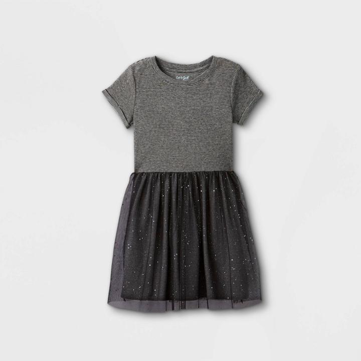 Girls' Short Sleeve Printed Cozy Tulle Dress - Cat & Jack Black