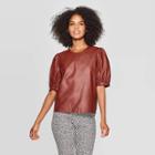 Women's Puff Elbow Sleeve Scoop Neck Cropped Blouse - Who What Wear Red