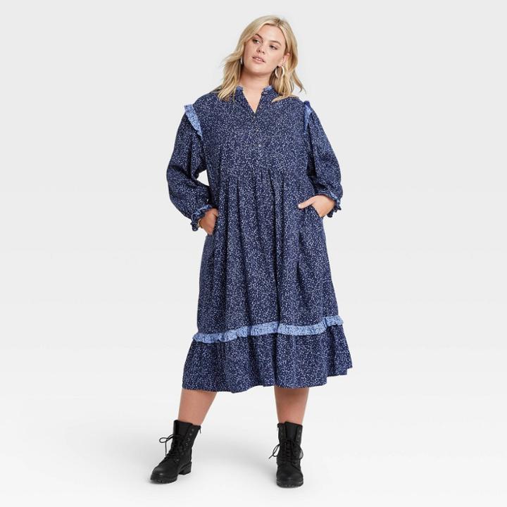 Women's Plus Size Leaf Print Balloon Long Sleeve Ruffle Dress - Universal Thread Navy