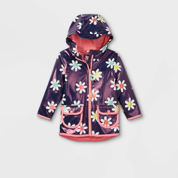 Toddler Girls' Floral Print Rain Jacket - Cat & Jack Navy