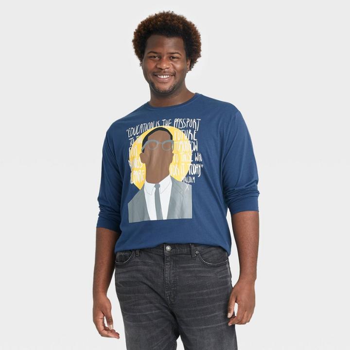 Black History Month Men's Big & Tall Malcolm X Long Sleeve Graphic T-shirt - Blue