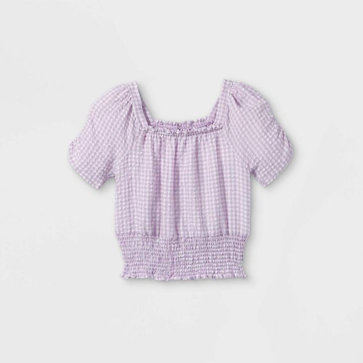 Girls' Smocked Square Neck Gingham Short Sleeve Top - Art Class Purple