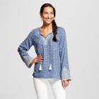 Women's Long Sleeve Embroidered Print Peasant Top - Knox Rose Dusty Blue