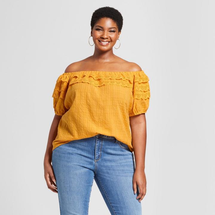 Women's Plus Size Lace Off The Shoulder Short Sleeve Top - Ava & Viv Orange