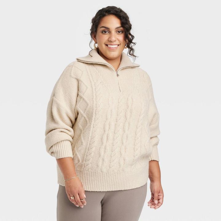 Women's Plus Size Quarter Zip Sweater - A New Day Cream