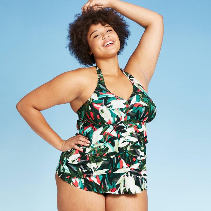 Women's Plus Size Ruffle Halter Tankini Top - Aqua Green Floral 16w, Women's,