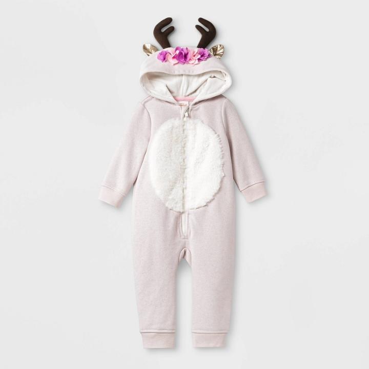 Baby Girls' Floral Reindeer Hooded Romper - Cat & Jack Light Pink Newborn, Girl's