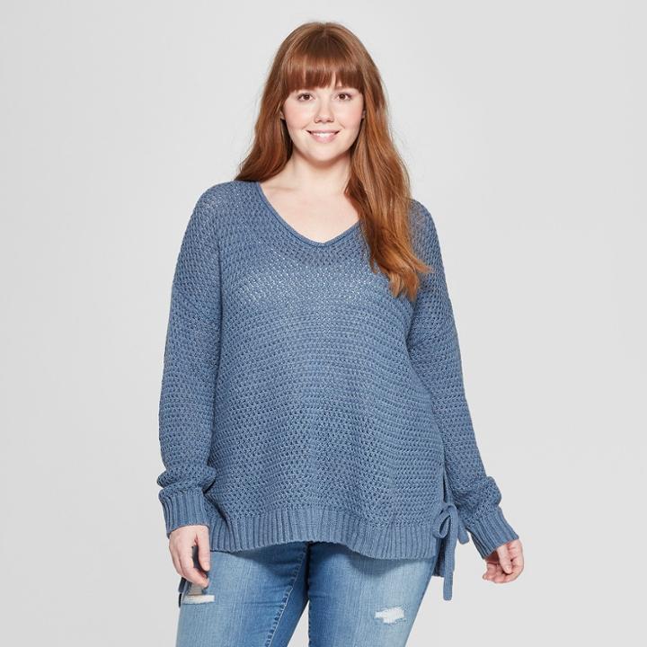 Women's Plus Size Long Sleeve Crew Neck Side Tie Tunic Sweater - Universal Thread Blue