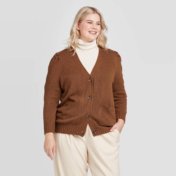 Women's Plus Size Puff Long Sleeve Cardigan - Who What Wear Brown 1x, Women's,