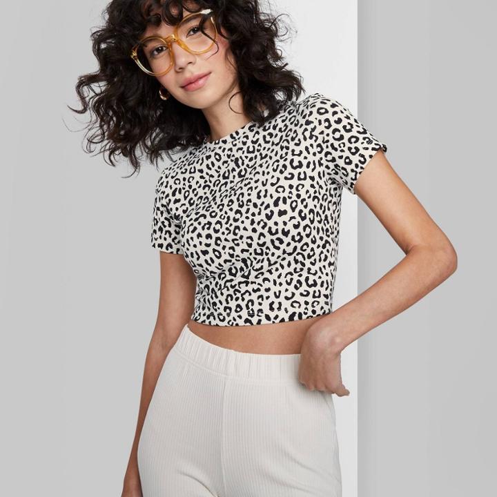 Women's Short Sleeve Cropped T-shirt - Wild Fable White Leopard Print