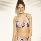 Women's Current Lightly Lined Ribbed Strap Halter Bikini Top - Shade & Shore Black Floral