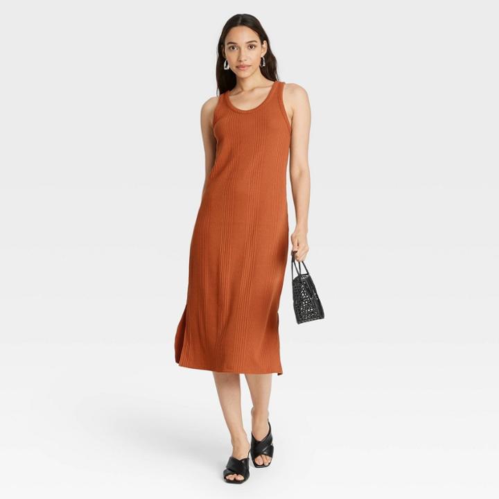 Women's Rib Knit Tank Dress - A New Day Dark Orange