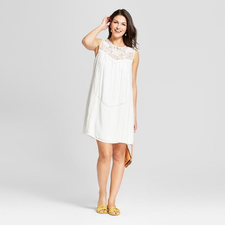 Women's Pinstripe Open Lace Neck Dress - Knox Rose White