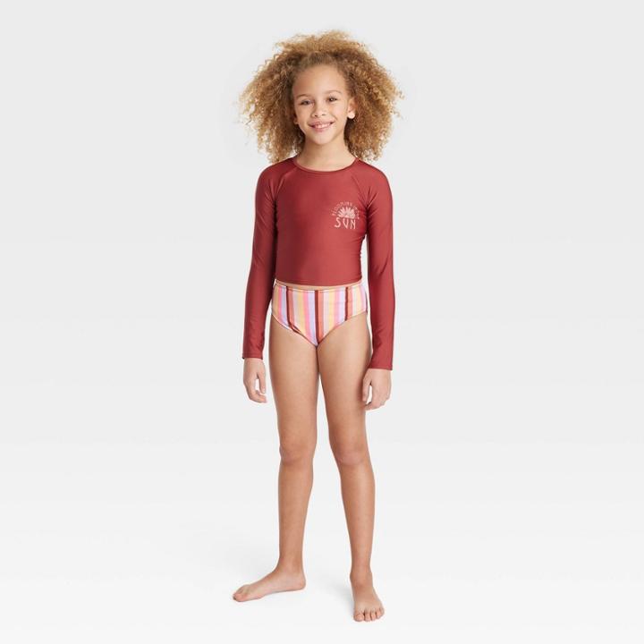 Girls' 3pc Summer Striped Swimwear Set - Art Class