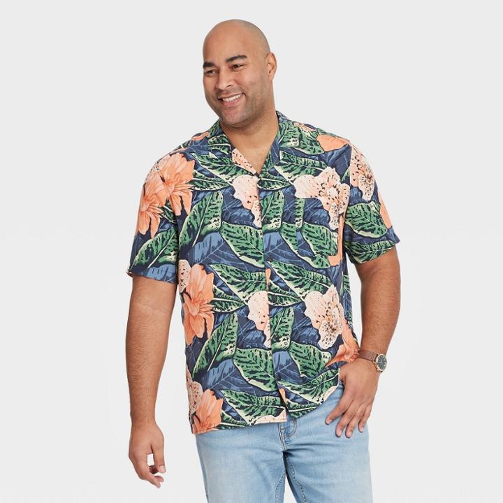Men's Tall Floral Print Standard Fit Camp Collar Short Sleeve Button-down Shirt - Goodfellow & Co Green