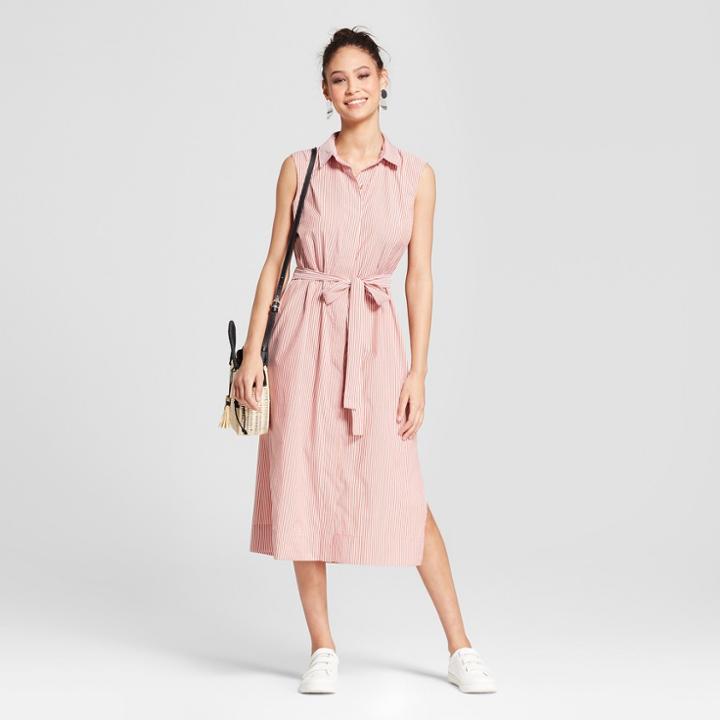 Women's Striped Button-up Back Slit Midi Dress - Mossimo Rust Orange