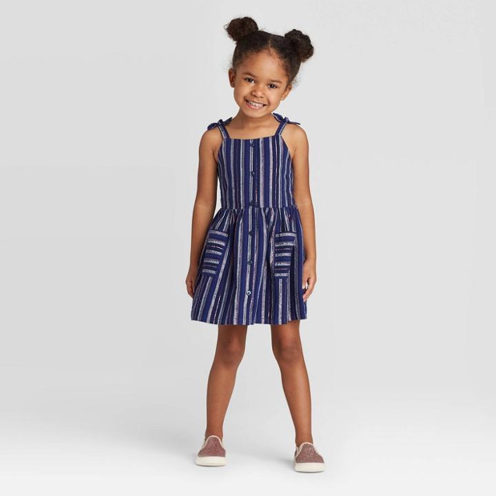 Toddler Girls' Tank Top Striped Button Dress With Shine - Cat & Jack Navy 12m, Toddler Girl's, Beige