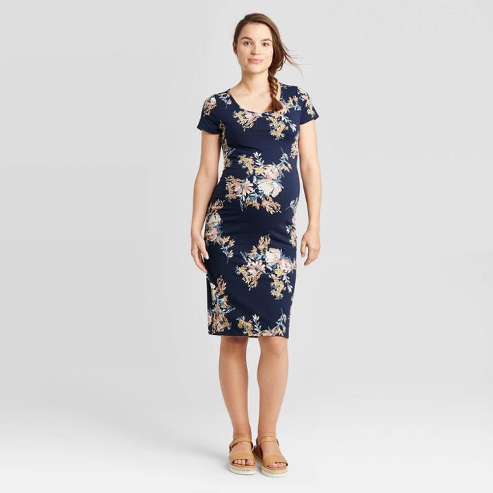 Maternity Floral Print Short Sleeve T-shirt Midi Dress - Isabel Maternity By Ingrid & Isabel Navy Xs, Women's, Blue