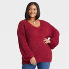 Women's Plus Size Chenille V-neck Pullover Sweater - Ava & Viv Red X