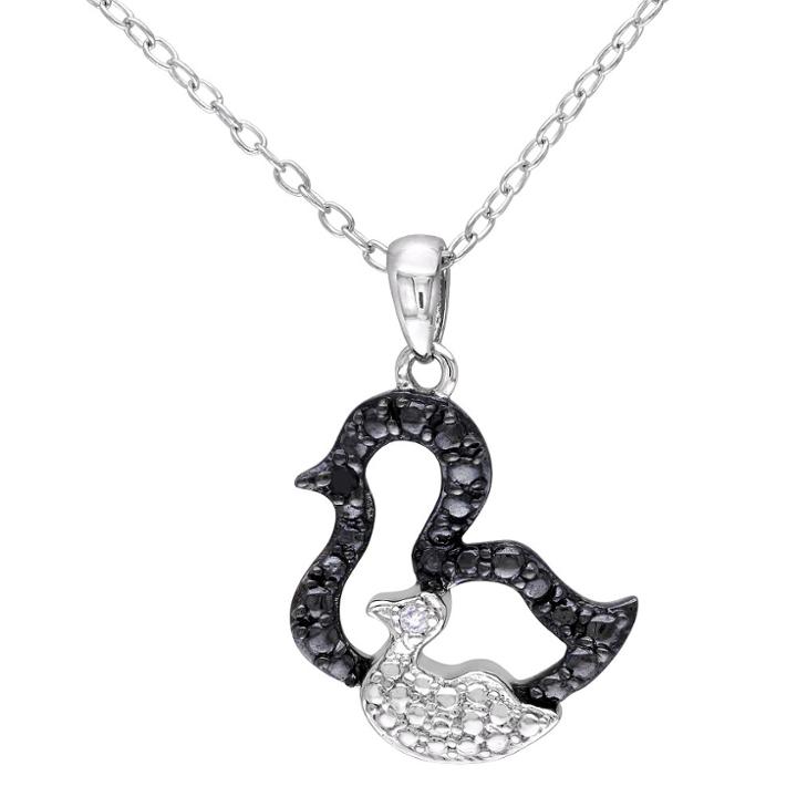 Target .01 Ct. T.w. Black Diamond And .01 Ct. T.w. White Diamond Double Duckling Necklace In Sterling Silver, Black And White