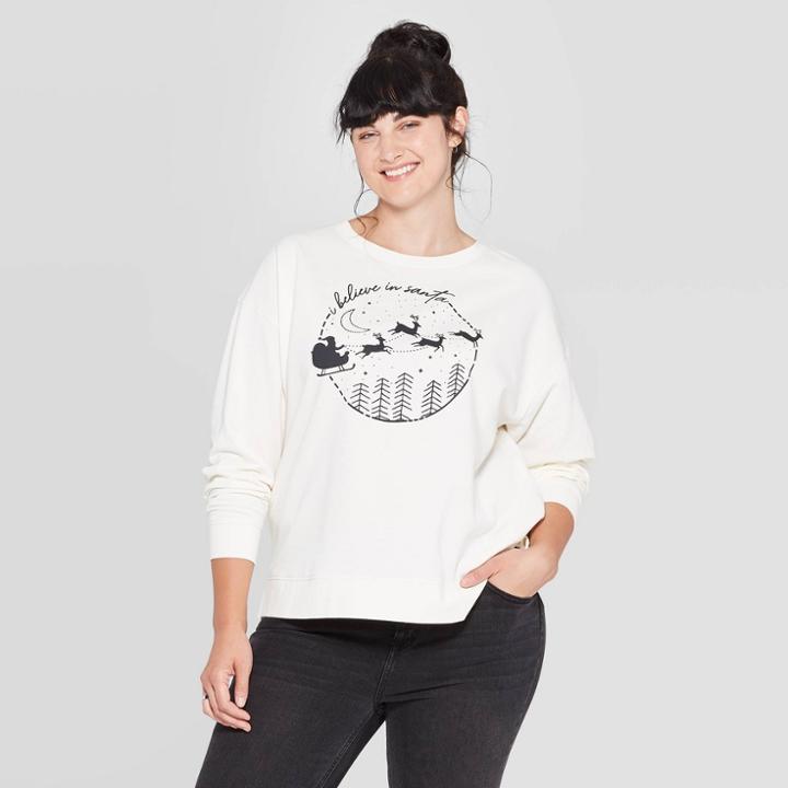 Women's I Believe In Santa Plus Size Fleece Sweatshirt - Fifth Sun (juniors') - Off White 1x, Size: