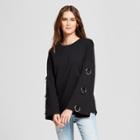 Women's Long Bell Sleeve Large Silver Ring Detail Pullover Top - Alison Andrews Black