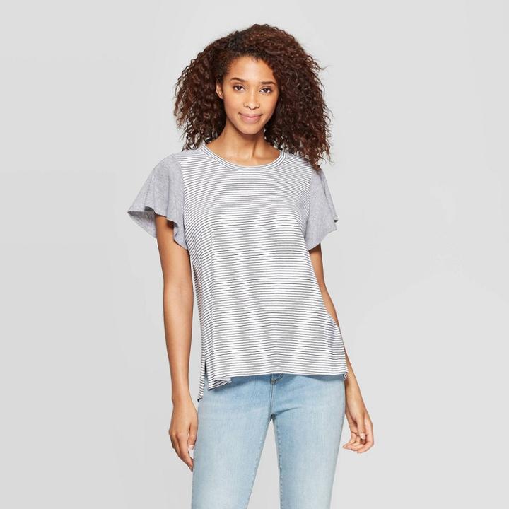 Women's Striped Flutter Short Sleeve Crewneck T-shirt - Universal Thread White/navy