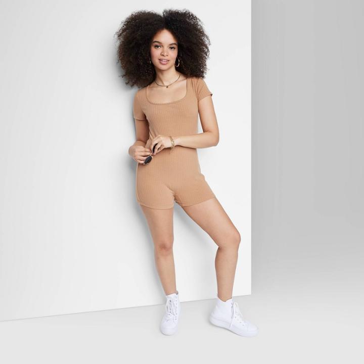 Women's Short Sleeve Lace-up Back Fitted Romper - Wild Fable Camel Xxs
