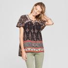 Women's Border Print Short Sleeve Lace-up Peasant Top - Knox Rose Black