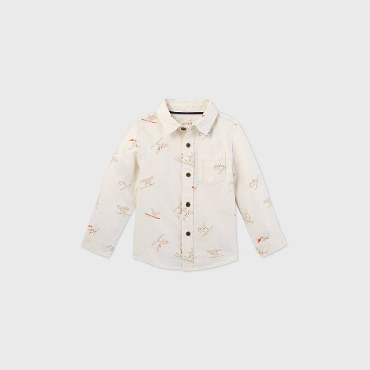 Toddler Boys' Dino Print Flannel Long Sleeve Button-down Shirt - Cat & Jack Cream