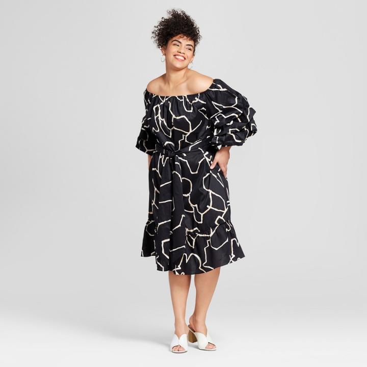 Women's Plus Size Pick Up Sleeve Bardot Dress - Who What Wear Black Print X