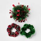 No Brand Holiday Novelty Tinsel And Plaid Hair Twisters 3pc - Berry Red