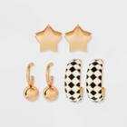 Checkerboard And Star Huggie Hoop Trio Earring Set - Wild Fable