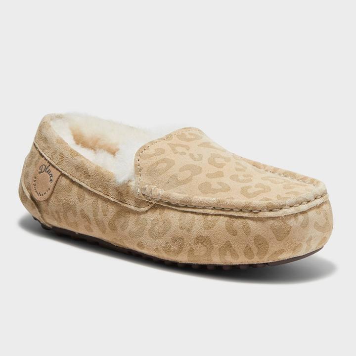 Women's Dluxe By Dearfoams Fernie Leopard Genuine Shearling Moccasin Slippers - Brown